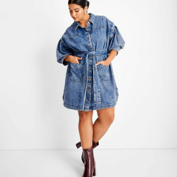 Long Sleeve Utility Denim A-Line Dress Future Collective w/ Kahlana BB NWT Sz 2 - Picture 2 of 3